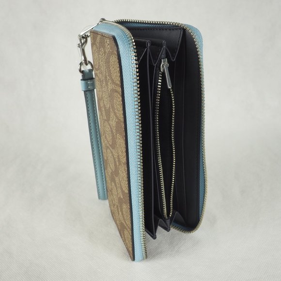 Coach Wallet Long Zip Around Signature Canvas Leather Khaki Waterfall Blue C4452 - Picture 9 of 10